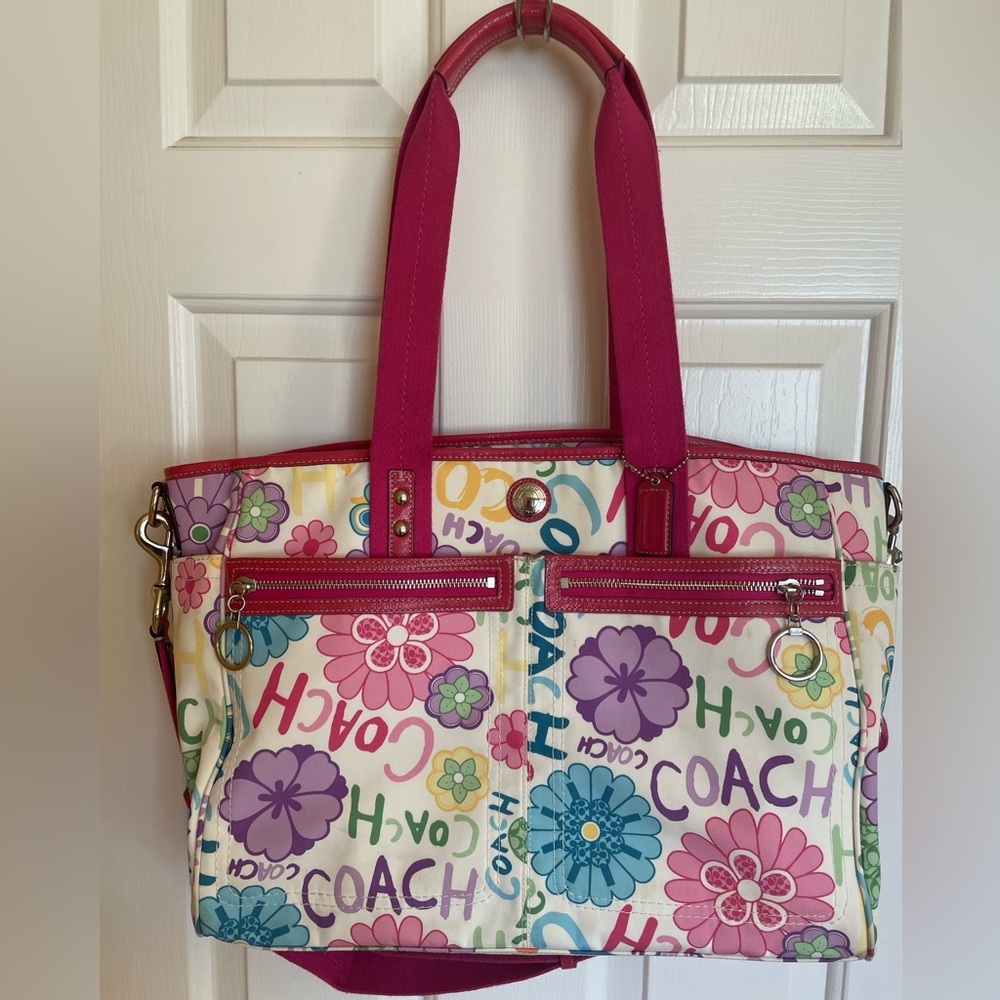 Coach Daisy Graffiti Bright Pink Floral Nylon Tote | Diaper Bag | EUC